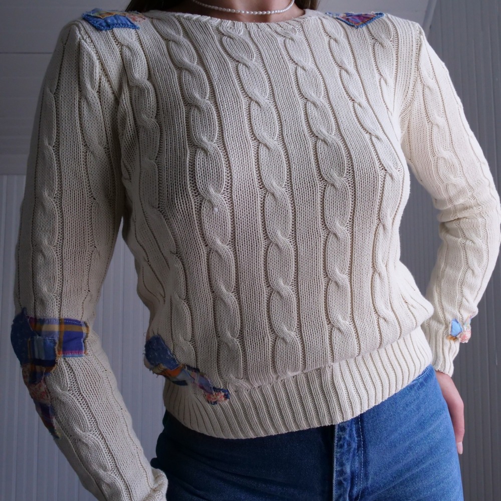 Polo Ralph Lauren plaid patchwork cable knit pima cotton sweater
